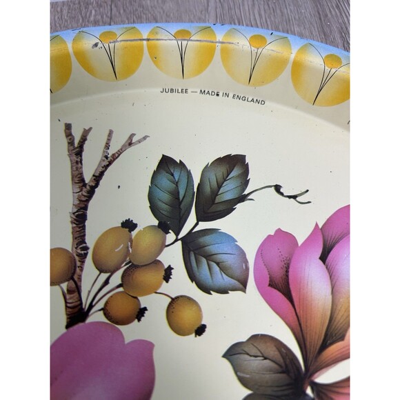 Vintage Jubilee Elite Metal Tray MTM England Flowers 12 1/2" Round Pink Yellow - Picture 3 of 9